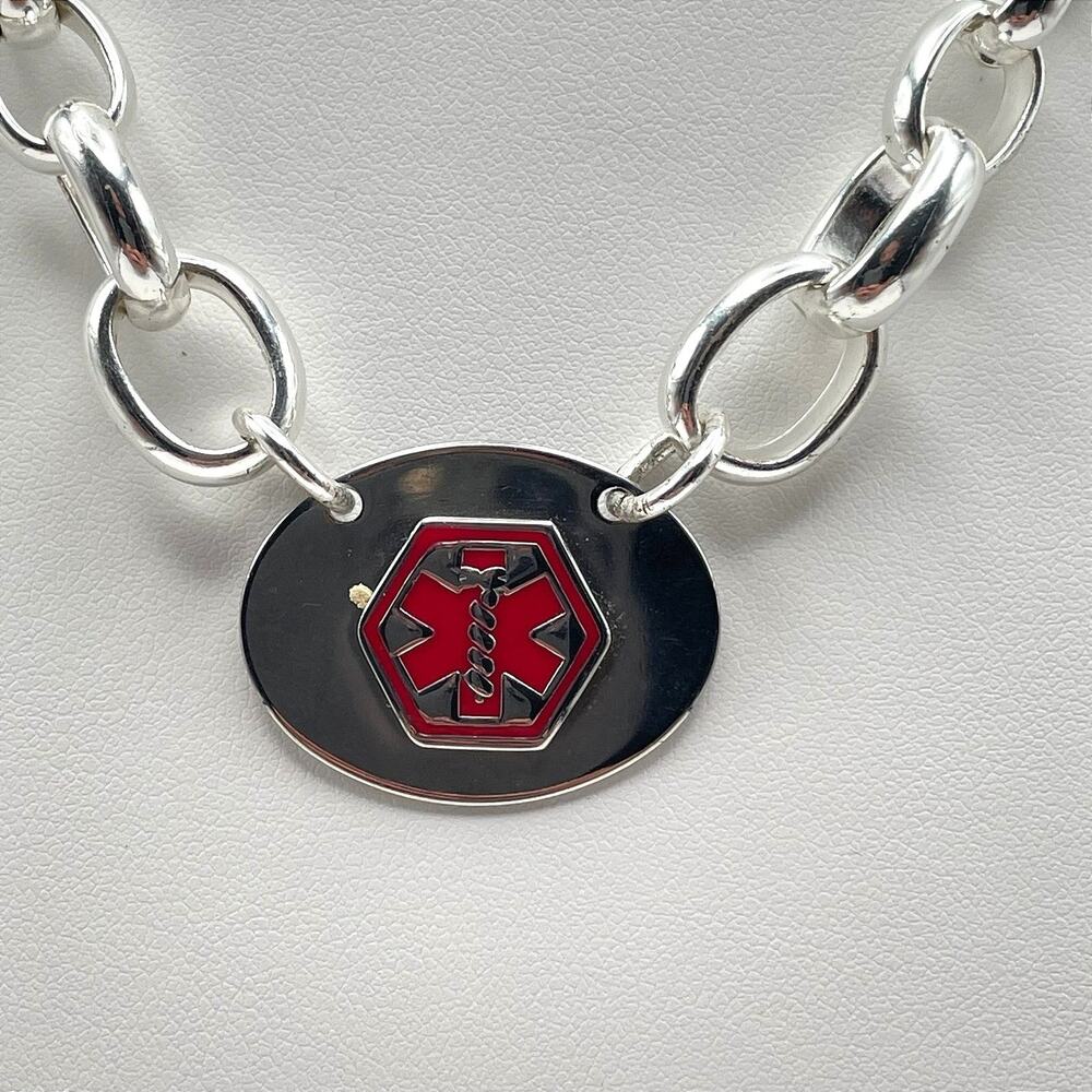 Vintage 90s Medical Alert Necklace Diabetic Silver Tone Thick Oval Link Chain